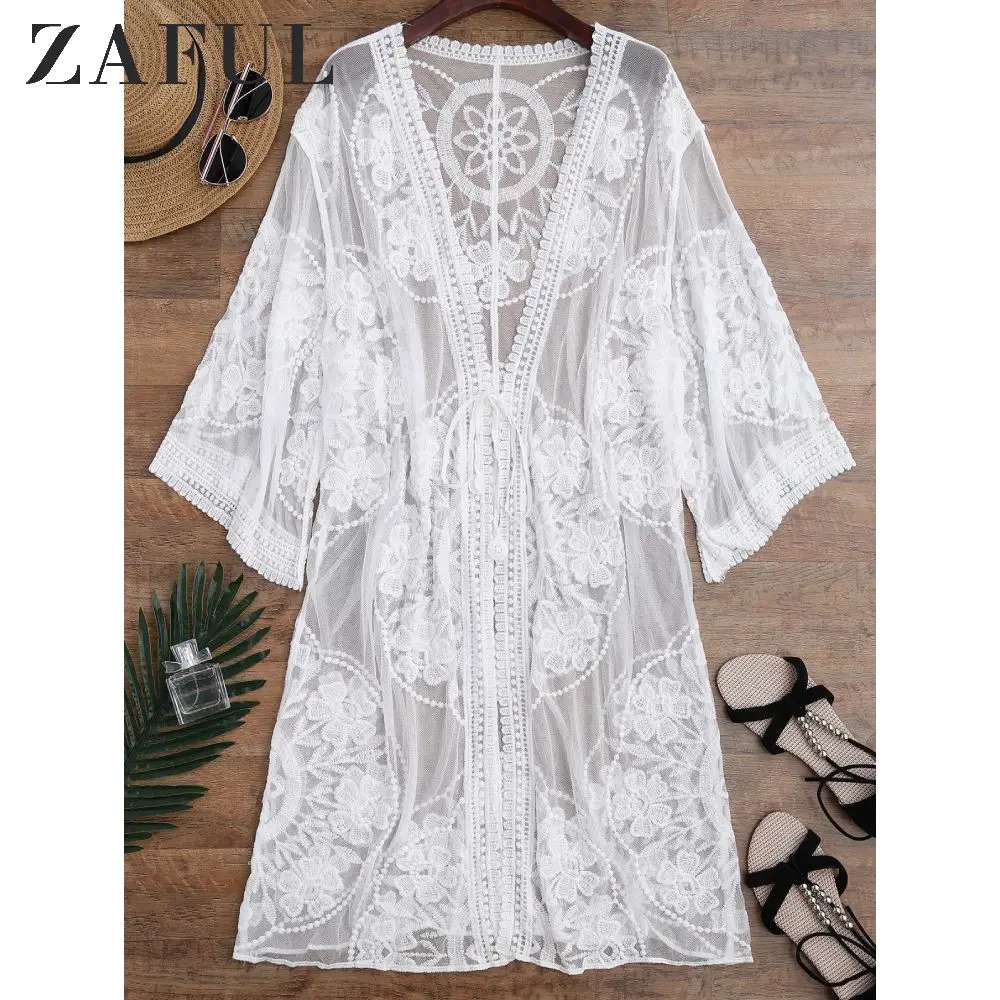 

ZAFUL Women Sheer Lace Tie Front Kimono Cover Up Sunscreen Blouse Embroidered Cover Up Floral Thru See Through Cotton Summer