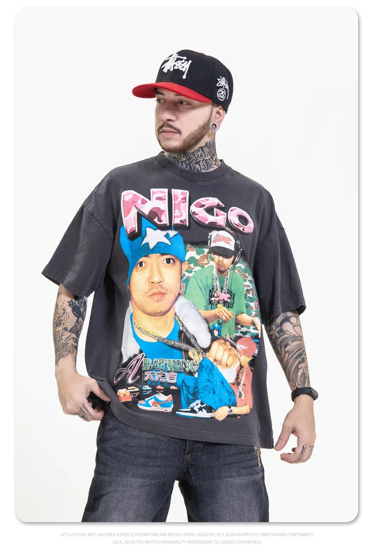 

2021 Men Women High Street Nigo Kanye Hip-hop Character Print Retro Loose Short-sleeved T-shirt Harajuku Oversized T Shirt