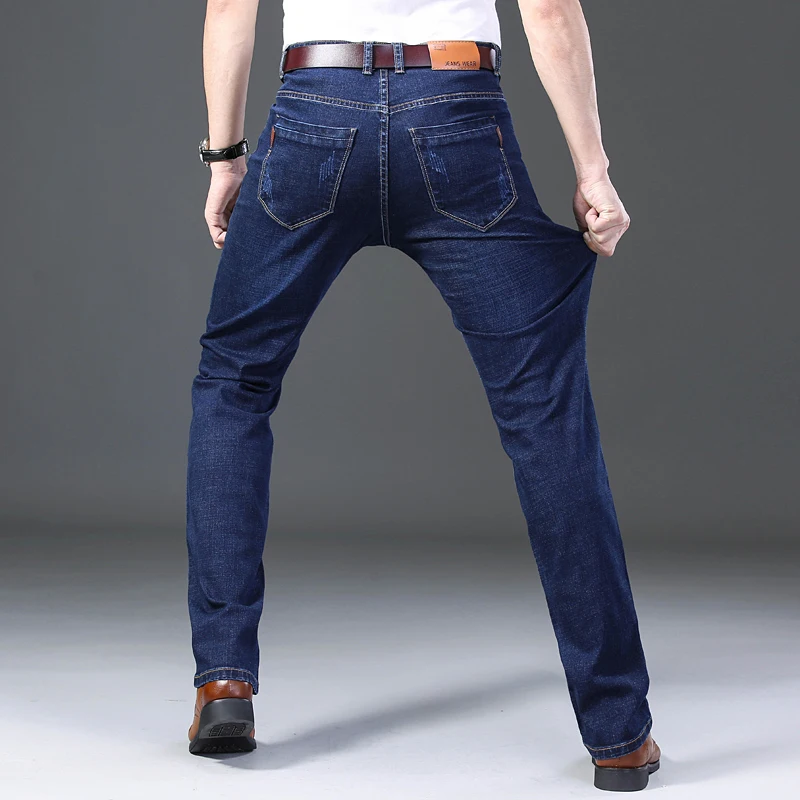 Мужские длинные джинсы стрейч синие зауженные прямые брюки с ремнем одежда для