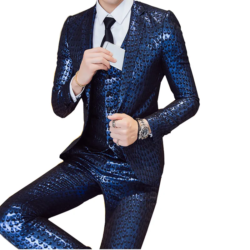 

Fall Luxury Men Suit Business Wedding 3 Piece Suit Slim Fit Party Wedding Stage Costume Homme Gold Blue Tuxedo Terno Masculino