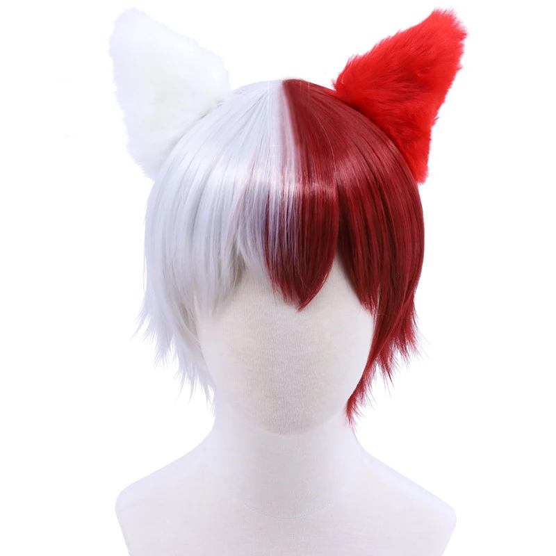 

My Hero Academia Shoto Todoroki Shouto Wig Cosplay Boku no Hiro Akademia Synthetic White Red Short Hair Wigs With Ears Hairpins
