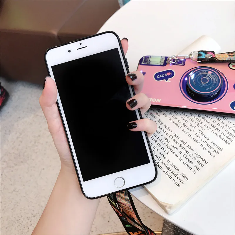 3D Ретро стиль камеры Мягкий ТПУ чехол с ремешком и наручным для huawei Honor 7X8X9X9 10 20 nova 2