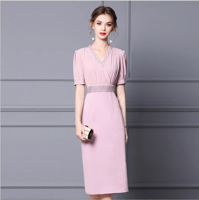 

New V-Neck Sweet Elegant Pink Yellow Pencil Skirt Summer Female Mid-Calf Waist Empire Dress Long Split Business Women OL Skirts