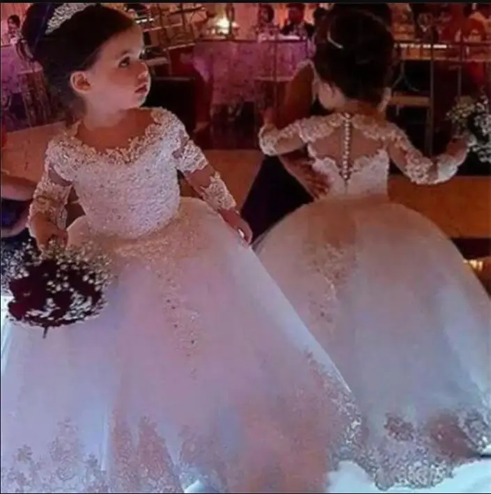 

White Flower Girl Dresses Princess Elegant Lace Up Girl Wedding Dress Appliqued Long sleeve Illusion Communion Dresses Pageant