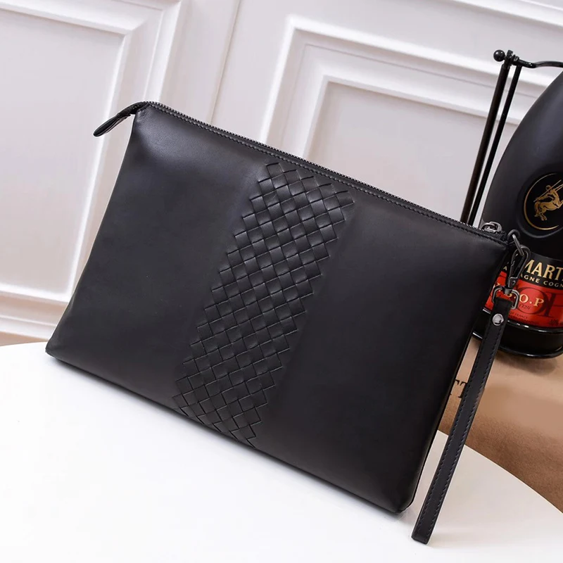 

Men High Quality Luxury Cowskin Woven Clutch Wallet Casual Cowhide Genuine Leather Large Capacity Designer Business Purse Bags