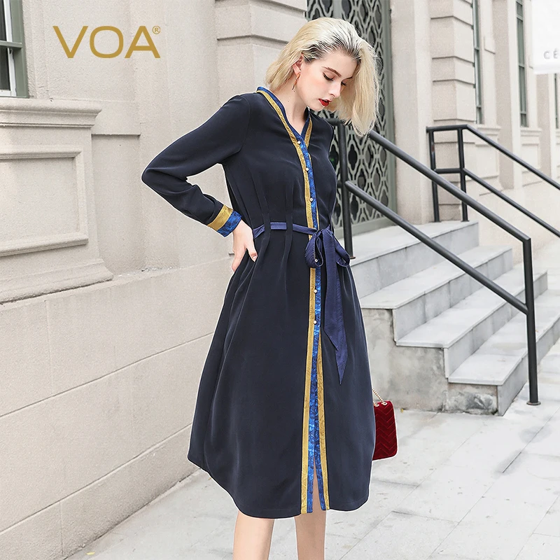 Женское платье с v образным вырезом VOA темно синее рубашка средней длины длинным