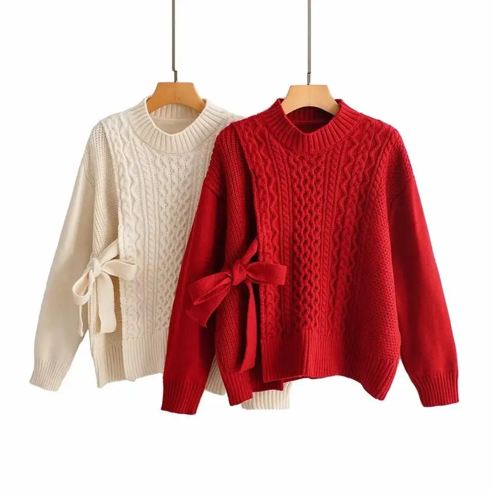 Женский пуловер с круглым вырезом свитер свободный на шнуровке Ретро стиль витой