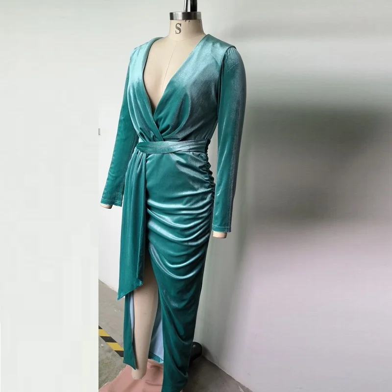 Новинка 2019 г. Модное Длинное Зеленое бархатное платье соблазнительное
