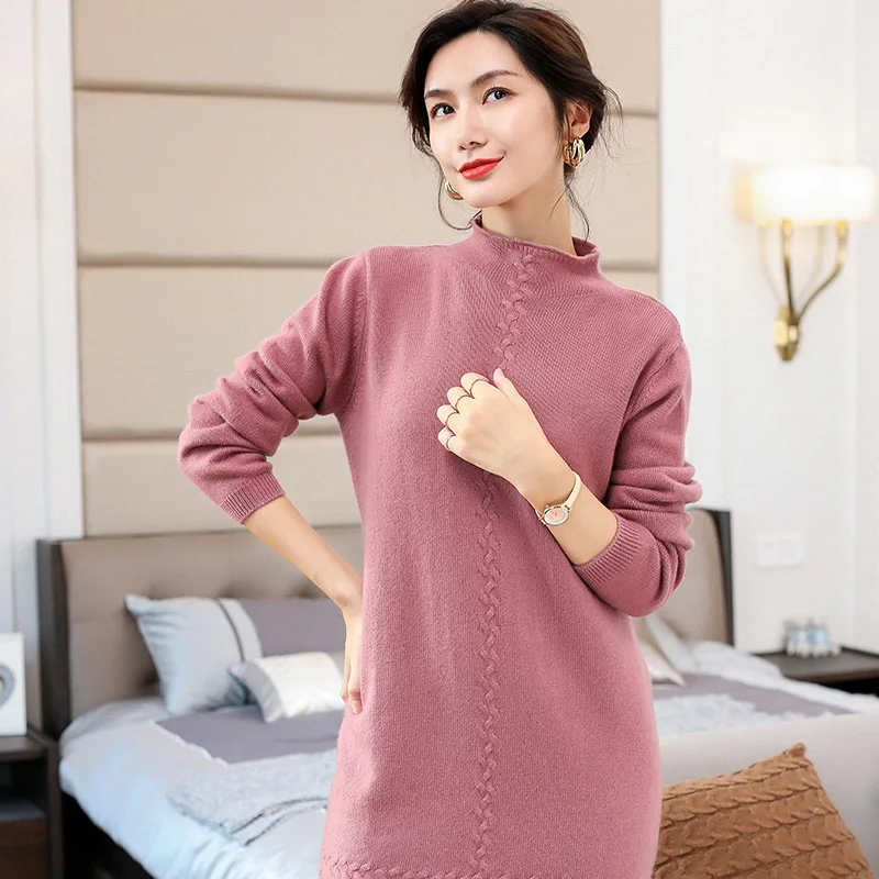 ALKMENE winter twisted craft cashmere female half-high collar long section thick sweater skirt sense party | Женская одежда