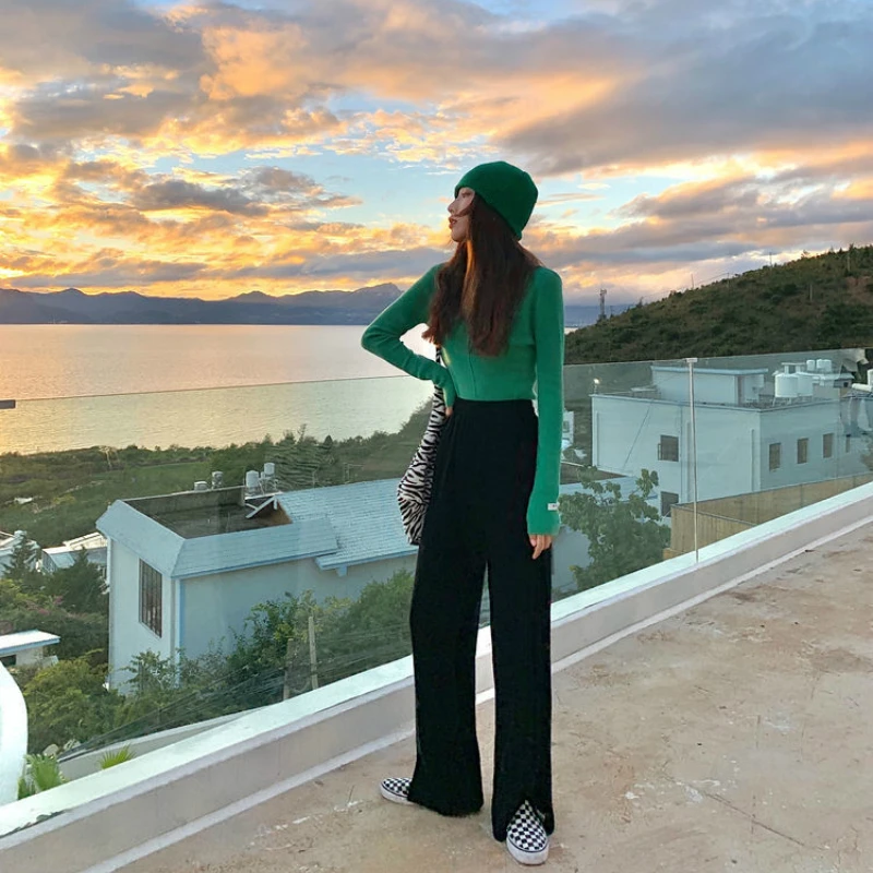

Women Casual Pants Plus Velvet High Waist Wide Leg Trousers Female Warm Baggy All-match Korean Style Chic Trendy Simple Harajuku