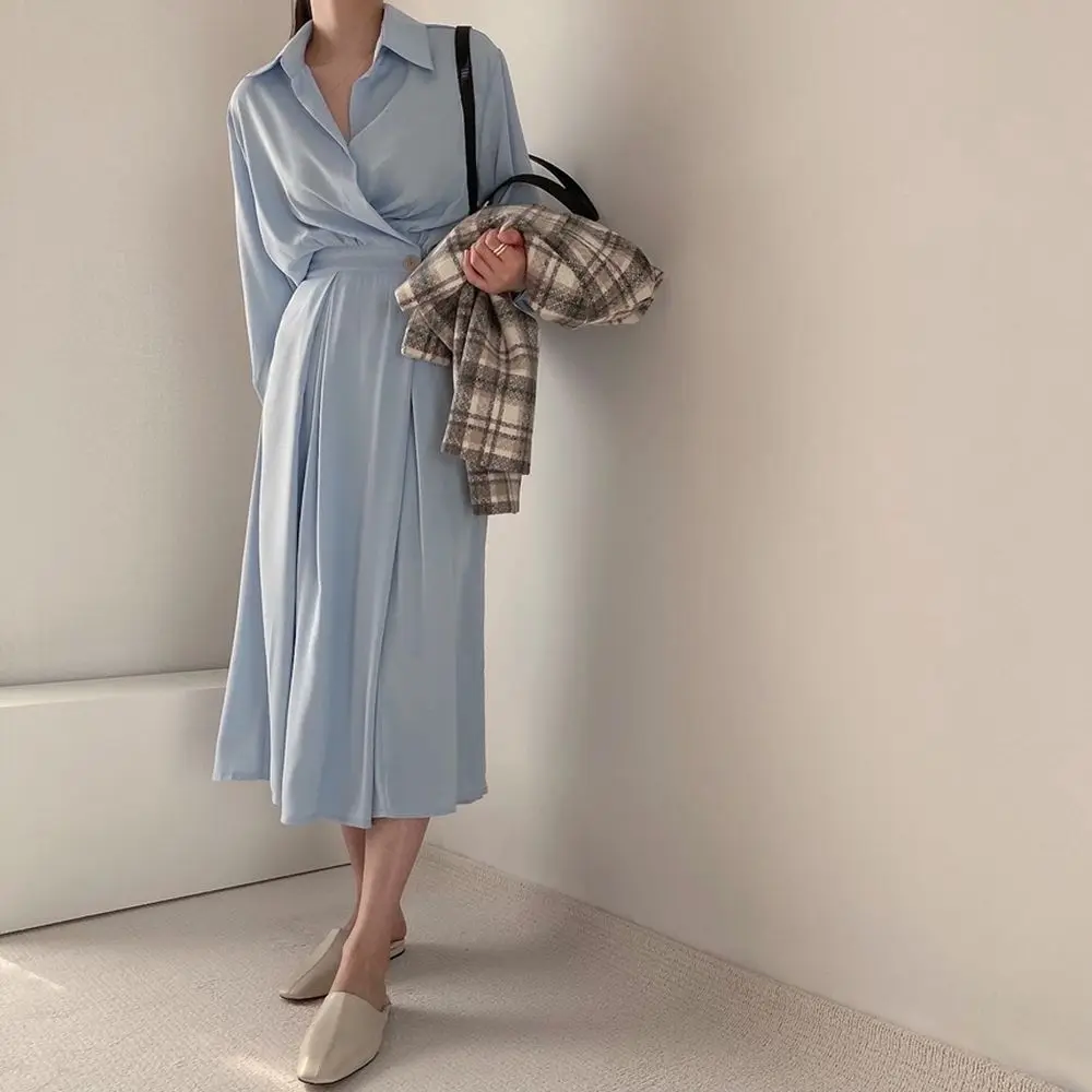 

Chic Temperament Design Sense Lapel One Button Waist Long Sleeve Midi Shirt Dress Spring Autumn Elegant Office Clothing