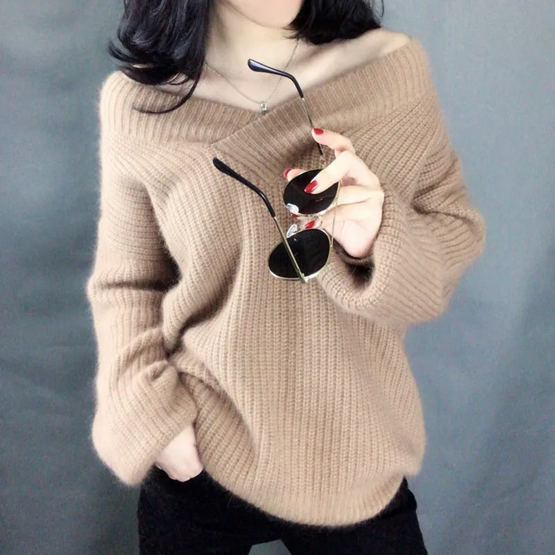 2019 Новый Модный женский свободный свитер с v-образным вырезом большого размера