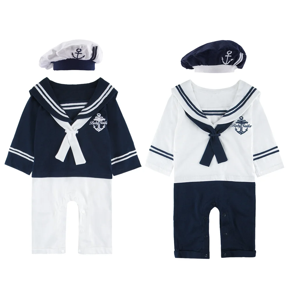 

Rompers for Newborn Baby Boys Infant Sailor Navy Outfits with Hat Toddler Party Jumpsuit Baby Clothing Set Cotton Costume