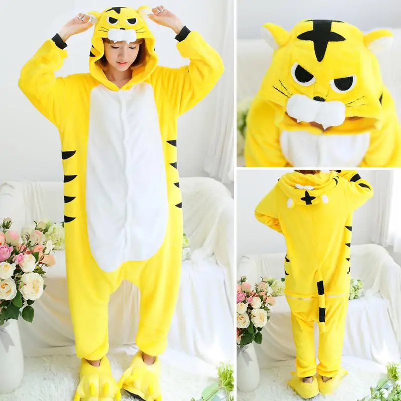 Yellow Tiger FL Пижамы для взрослых, Женские Фланелевые пижамы, кигуруми, единорог, Ститч, тигр, Тоторо, Мультяшные животные, пижамные комплекты, пижамы с капюшоном - Цвет: Yellow Tiger FL