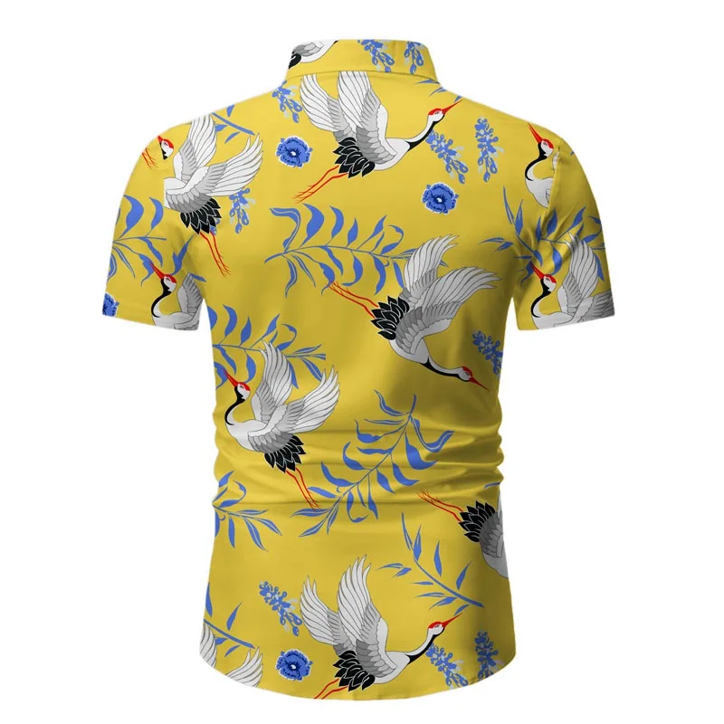 

Loldeal Men Shirt Short Sleeve Fashion Lapel Cotton Slim Slim Crane Printing Casual