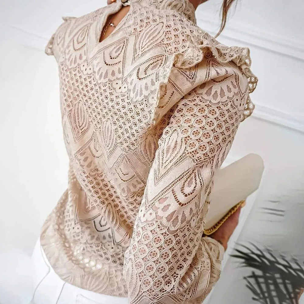 

Blouse 2021 Spring Summer New Elegant Ruffled Stand Collar Shirt Women Mesh Perspective Stitching Shirt Casual Korean Tops