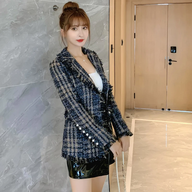

Office Lady Jacket Turn Down Collar Elegant Outwear Slim Pearls Autumn Winter Tweed Jackets Coat Women Plaid Vintage