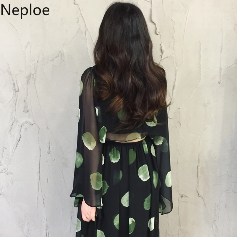Neploe Polka Dot Women Dress Chiffon V-Neck Long Sleeve Vestidos 2019 Summer Slim Waist Wide Leg Full Dresses 44908 | Женская одежда
