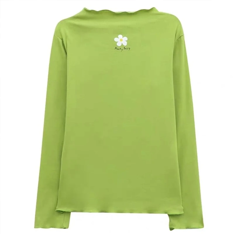 

Autumn Women Turtleneck Daisy Printed Basic T Shirts Full Sleeve Fashion Ladies Korean Sweet Style Slim Bottoming Tops Tees