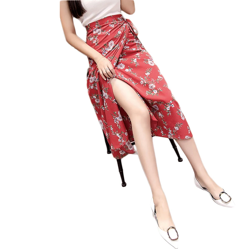 

Summer Female Skirts 2021 New Korean High Waist Fashion Print Maxi Skirt Women Sexy Split for Lace Up Bohemian Style Skirts