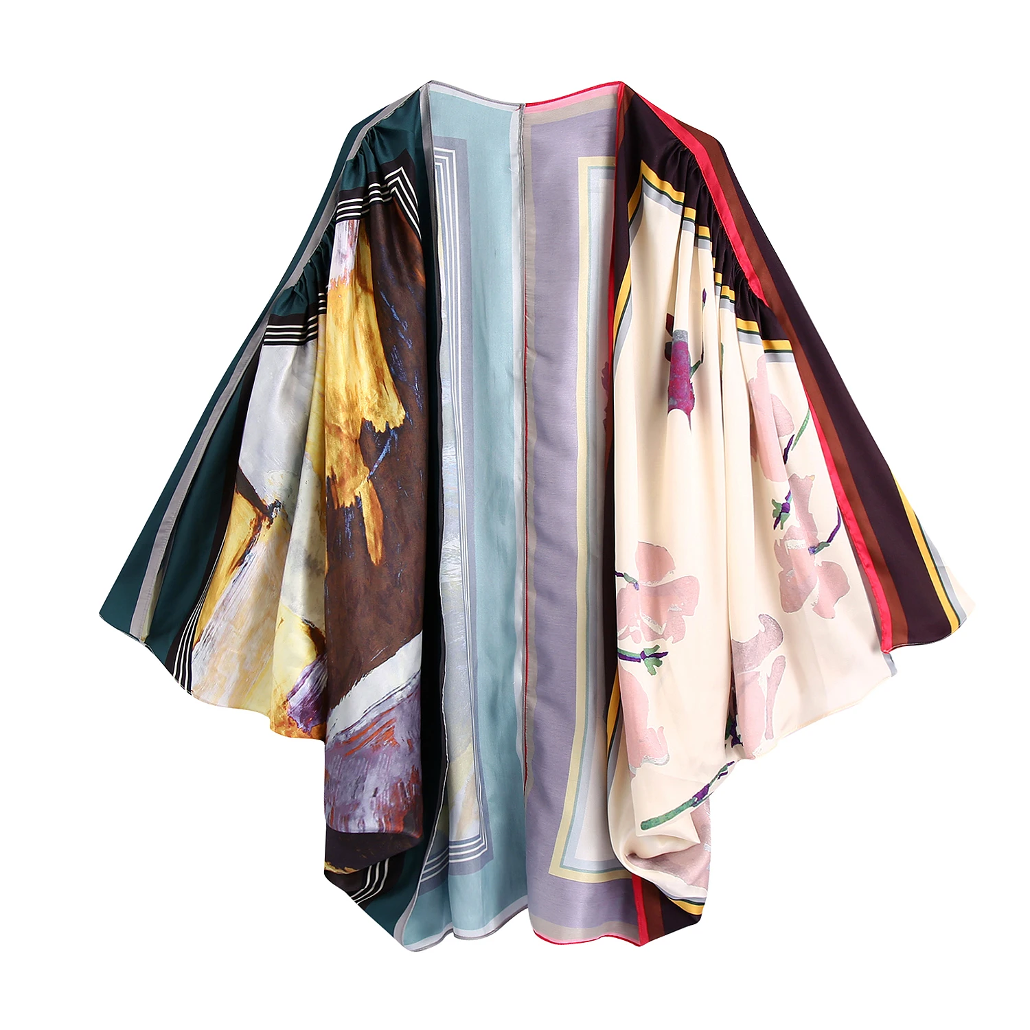 

KRSB Autumn Women Printed Loose Kimono Robe Lotus Leaf Sleeve Design Silk Satin Texture Fabric Robe Casual And Comfortable