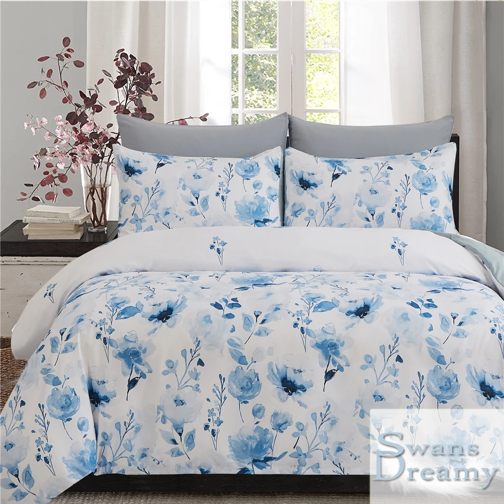 

Комплект постельного белья с розовым и синим цветочным принтом для взрослых, детский пододеяльник с наволочкой, комплект с двуспальной кро...