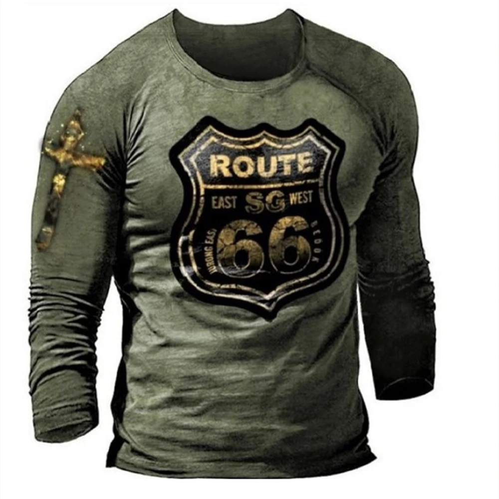 

2021 Spring and Autumn Fitness Sports Men's Long-sleeved T-shirt Highway 66 Letter Printing Fashion Street Top Loose Pullover