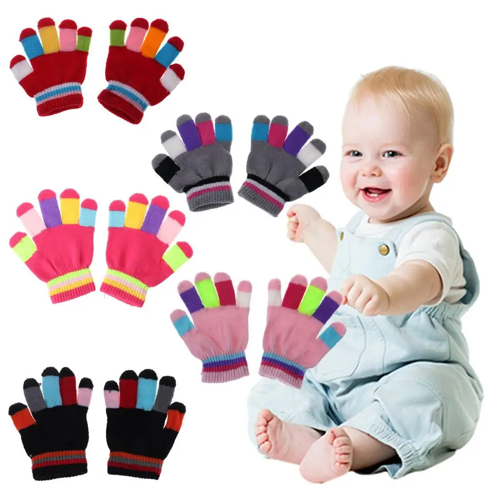 

1 Pair Kids Baby Gloves Full Finger Warm Winter Children Colorful Stripe Knitted Boys Girls Solid Glove Multi Color Elastic