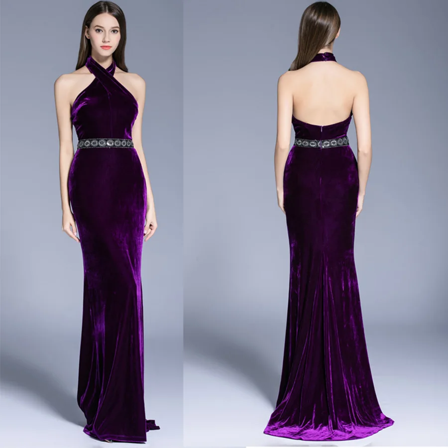 Женское вечернее платье с лямкой на шее фиолетовое элегантное без рукавов