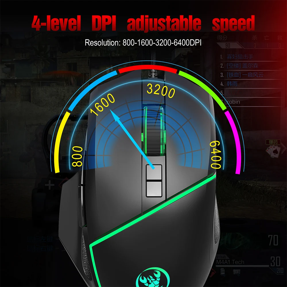 

FOR HXSJ A876 Adjustable Wired Gaming Mouse Colorful Breathing Light Optical Gaming Mouse 6400DPI DPI for PC Laptop Black