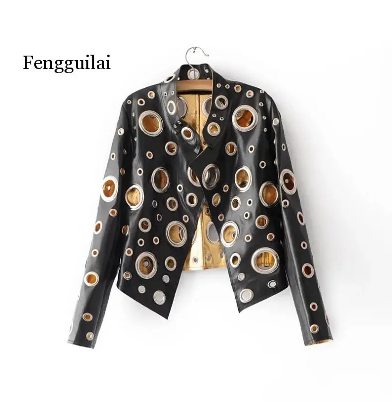 Женская ажурная мотоциклетная кожаная куртка пальто из искусственной кожи в