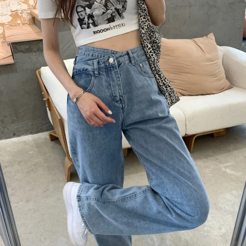 

#2293 Spring2021 Irregular High Waisted Jeans Women Straight Wide Leg Jeans Femme Loose Long Boyfriend Jeans Ladies Korean Style