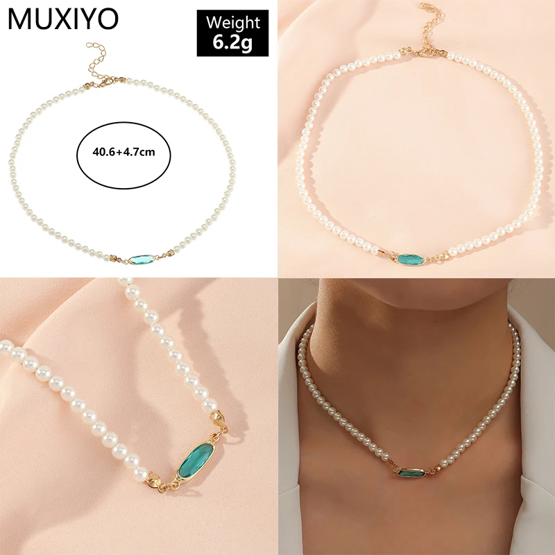 

Elegant Pearl Beads Choker Clavicle Chain Necklaces for Women Boho Vintage Glass Gems Green Emerald Necklace Girls Party Jewelry