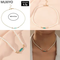elegant pearl beads choker clavicle chain necklaces for women boho vintage glass gems green emerald necklace girls party jewelry