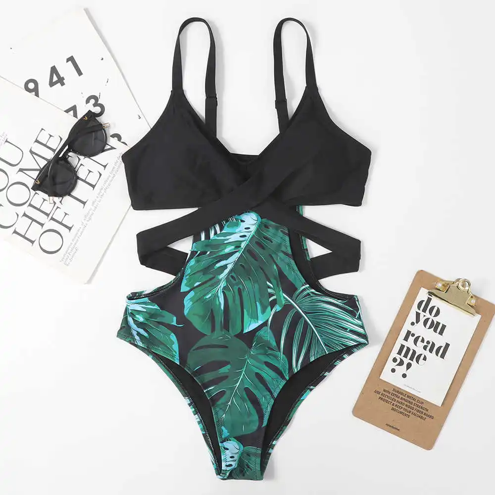 

Yigong's 21-year-old heat dissipation swimsuit solid color printing mosaic leaf one-piece swimsuit