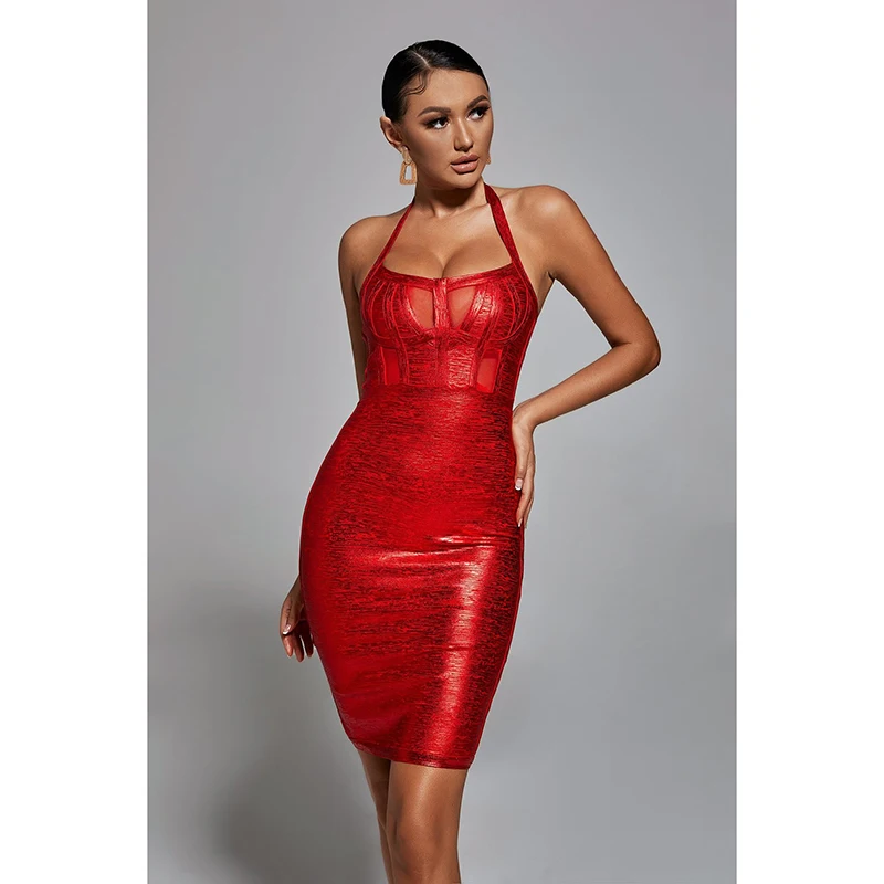 

Fashion Glued Glitter Red Black Backless Sexy Halter Women Party Dress Vintage Femme Casual Bodycon Vestidos Club Robe H1133