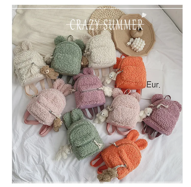 

Cute Toddler Children Girls Fleece Cartoon Backpack School bag Shoulder Bag Rucksack (Bear Doll Not Included/1PC Randomly)