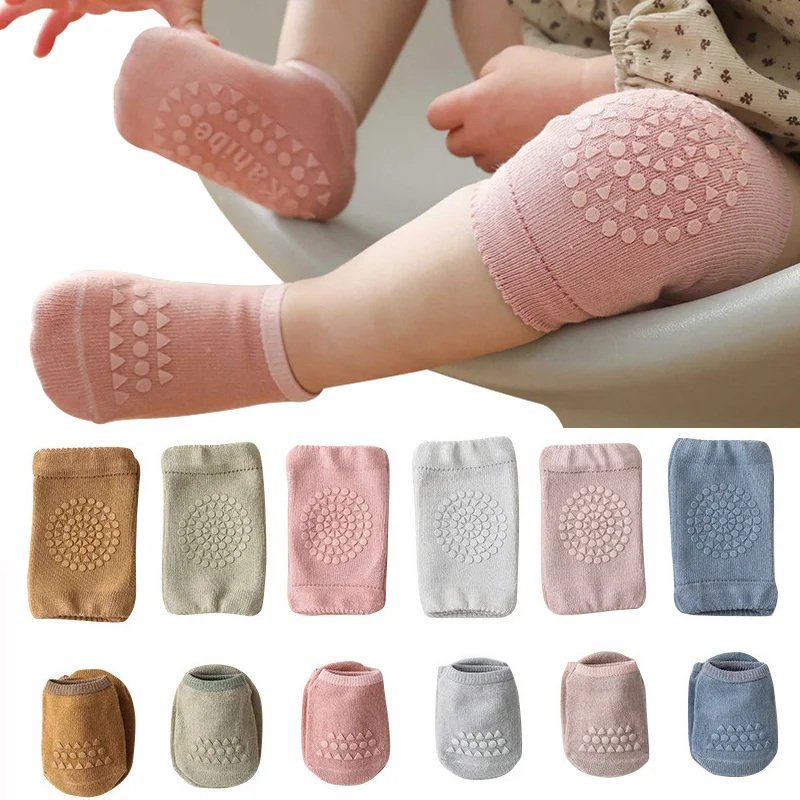 Conjunto de Calcetines antideslizantes con rodilleras para bebé, medias de seguridad para gatear, Protector de rodilla para niño y niña, Color sólido, para verano