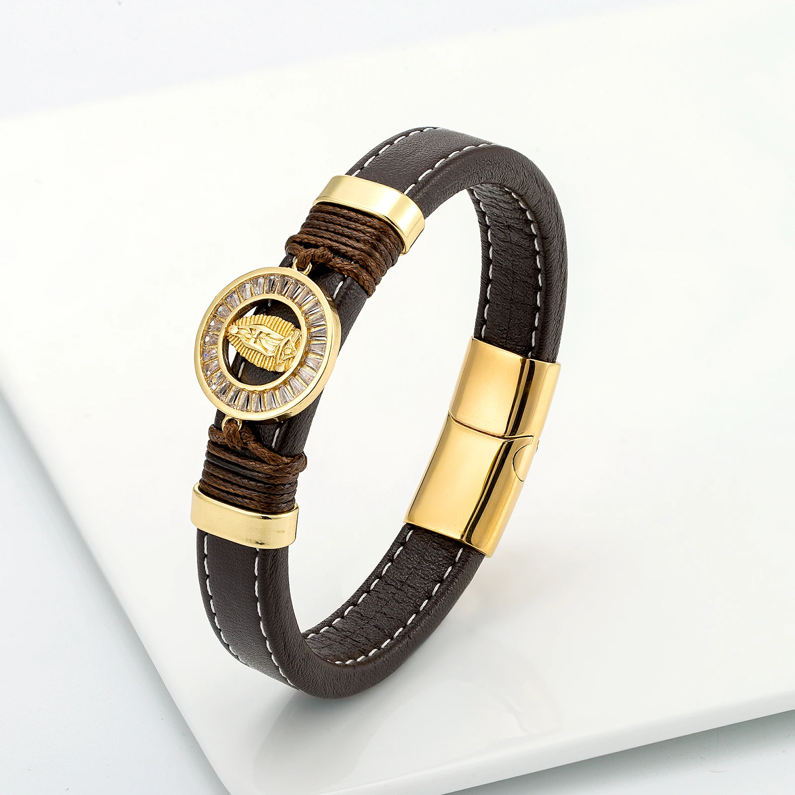 Широкий кожаный браслет с микро-инкрустацией из циркония для мужчин и женщин |