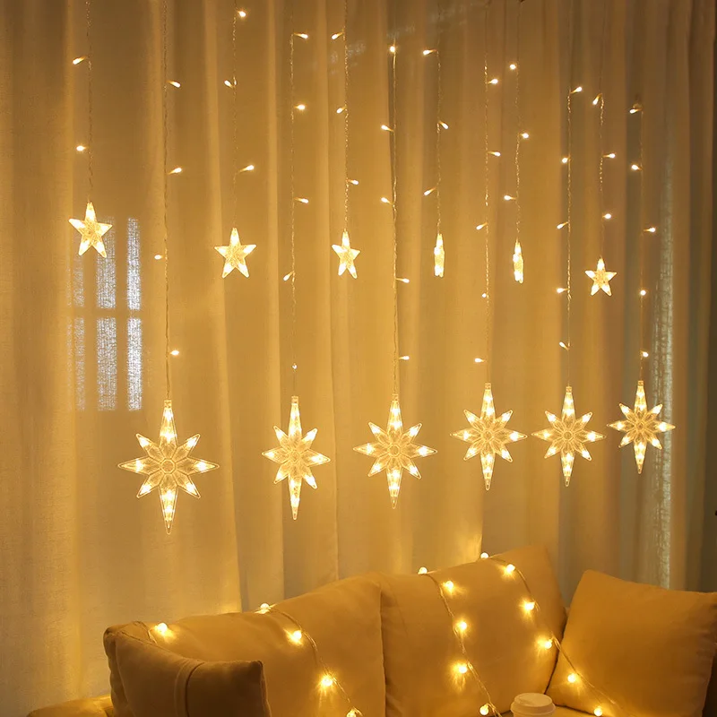 

LED Curtain Garland on The Window 220V Remote Control Christmas Polaris Moon and Star Fairy Light New Year Christmas Decorations