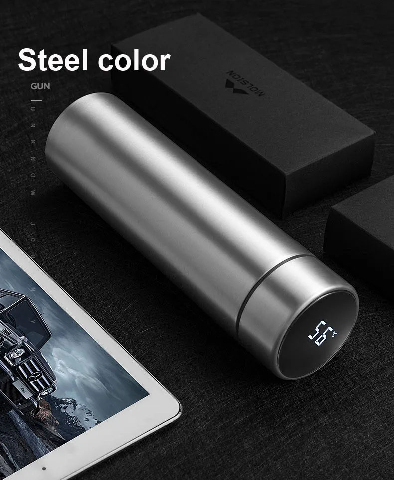 Steel Интеллектуальный термос-колба с вакуумной изоляцией, бутылка для воды с дисплеем температуры, стакан из нержавеющей стали, термос, 480 мл, кофейная кружка - Цвет: Steel