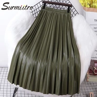 surmiitro 2021 fashion autumn winter pu leather long pleated skirt women korean style high waist a line maxi skirt female