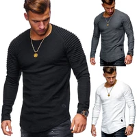 new arrival solid color sleeve pleated patch detail long sleeve t shirts men spring casual t shirts pullovers fashion slim tops