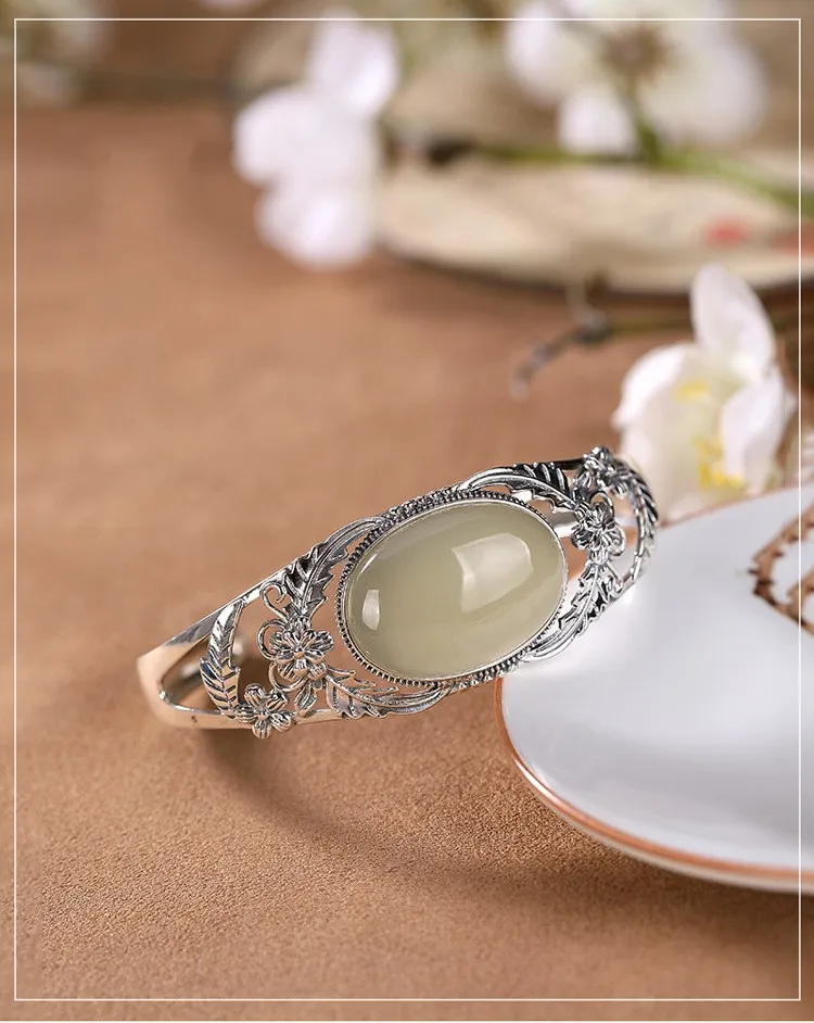 Abertura da Mulher Pulseira de Prata Bocai Solide Sterling Siliver Pulseira Hetian Jade Personalidade Retro Ameixa Temperamento Tailandesa S925 4 jade personalidade retro ameixa temperamento abertura da