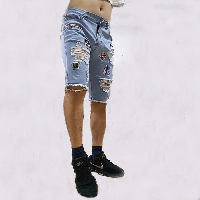 Summer Men Stretchy Ripped Skinny Biker Embroidery Print Jeans Shorts Destroyed Hole Taped Slim Fit High Quality Denim Shorts