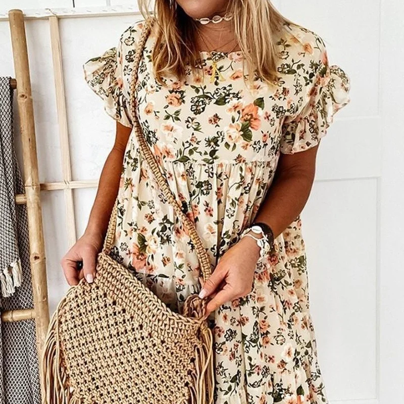 

2021 New Women Floral Print Dress Ruffle Short Sleeve O Neck A-Line Dress Party Club Dress Loose Plus Size Mini Dresses Vestidos