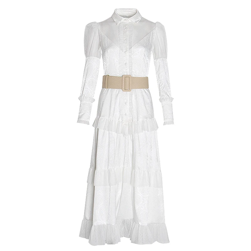 Женское платье TWOTWINSTYLE Осеннее белое лоскутное с отложным воротником длинными