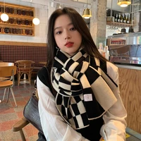 lunadolphin women long wool scarf checkerboard plaid neckerchief korean simplicity knitted woolen big pashmina students shawl