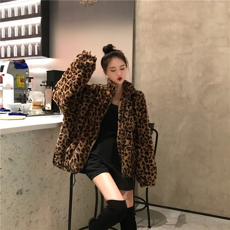 

Winter Jacket Women Chaqueta Vintage Leopard Stand Collar Zipper Outwear Lady Loose Plus Size Fuzzy Coat Top Streetwear A1454