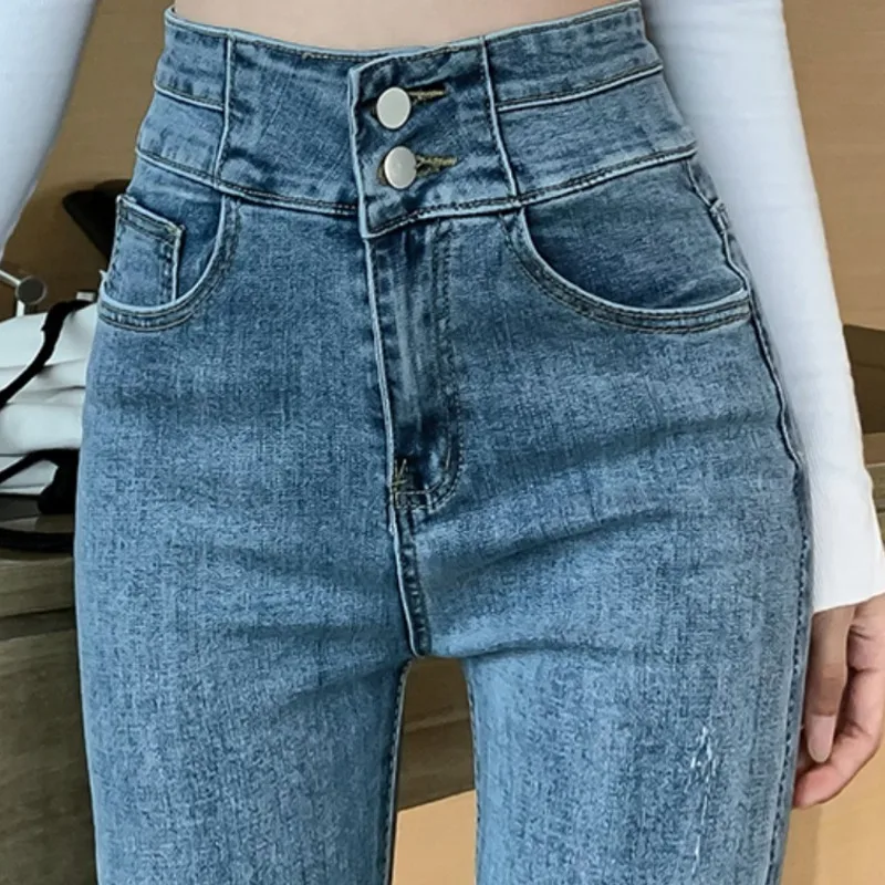 

#7814 blue Jeans Woman autumn high waist jeans fit sexy show thin full length skinny pencil pants office lady Jeans Femme